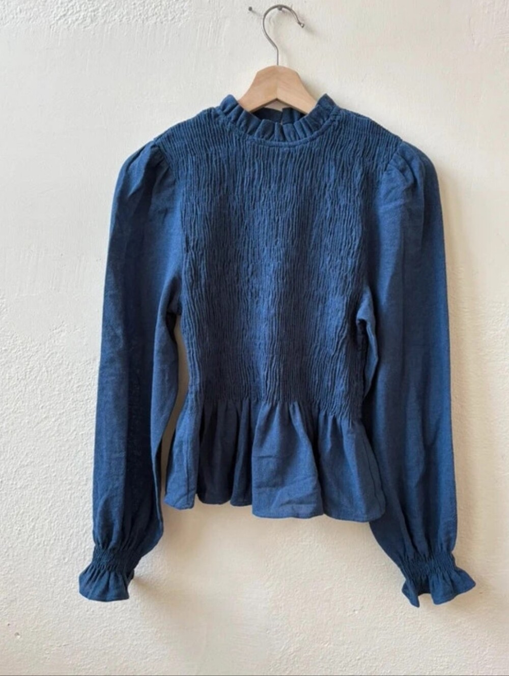 Zara Womens Navy Smocked Long Sleeve Blouse Size Small NWT